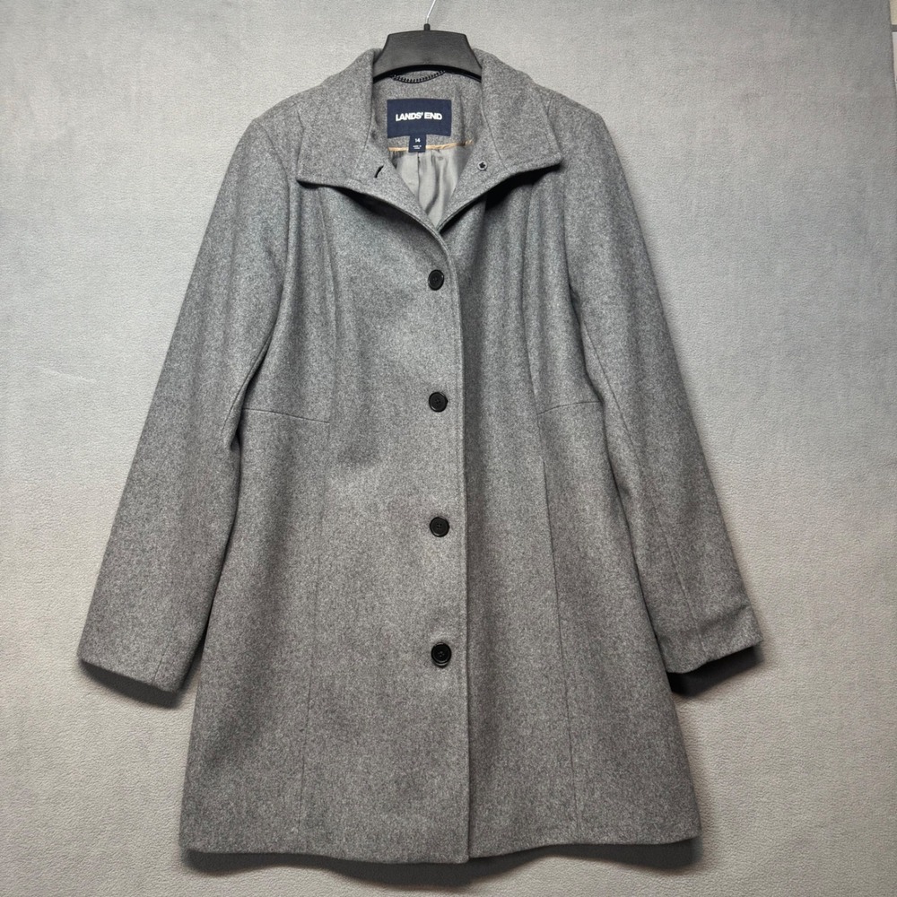 Lands End Wool Blend Walking Pea Coat Grey Mid Length Size 14 Neutral Casual